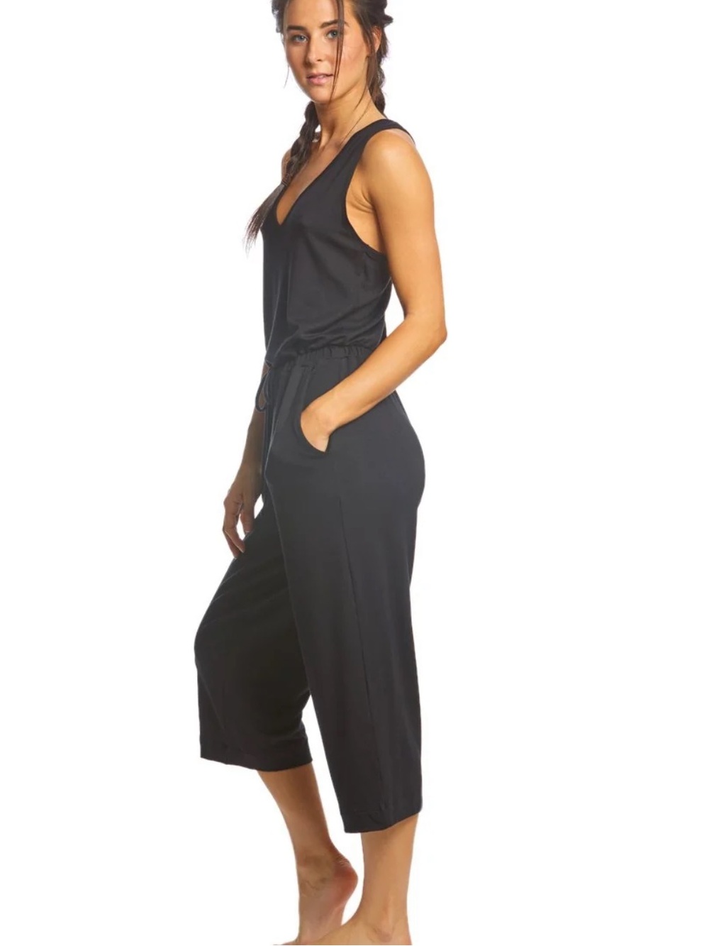 Beyond Yoga Farrah Cropped Jumpsuit black pockets tie waist